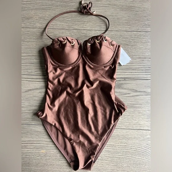 ZIMMERMANN Devi eyelet-embellished cutout underwired halterneck swimsuit sz 1 - Picture 11 of 11